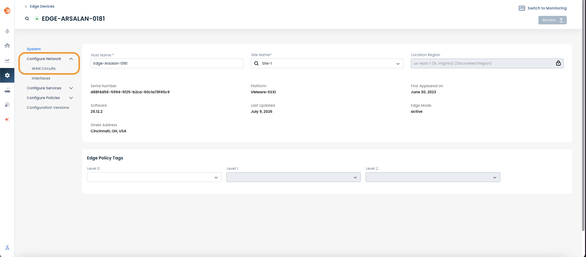 Configuration details for Edge device including host name, serial number, and software version.